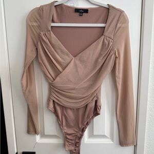 Lulu's Blush Tan Long Sleeve Bodysuit With Mesh Arms